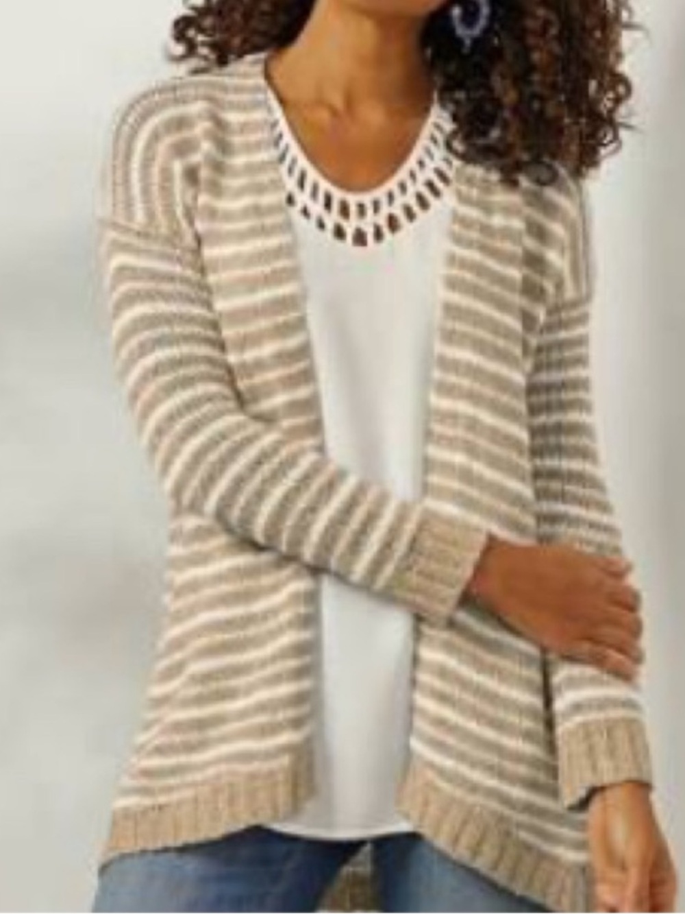Soft Surroundings Beige & White Striped Open-Front Long Cardigan Small